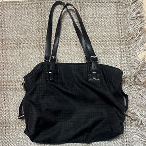DKNY Black Textured Logo Shoulder Bag with Leather Straps